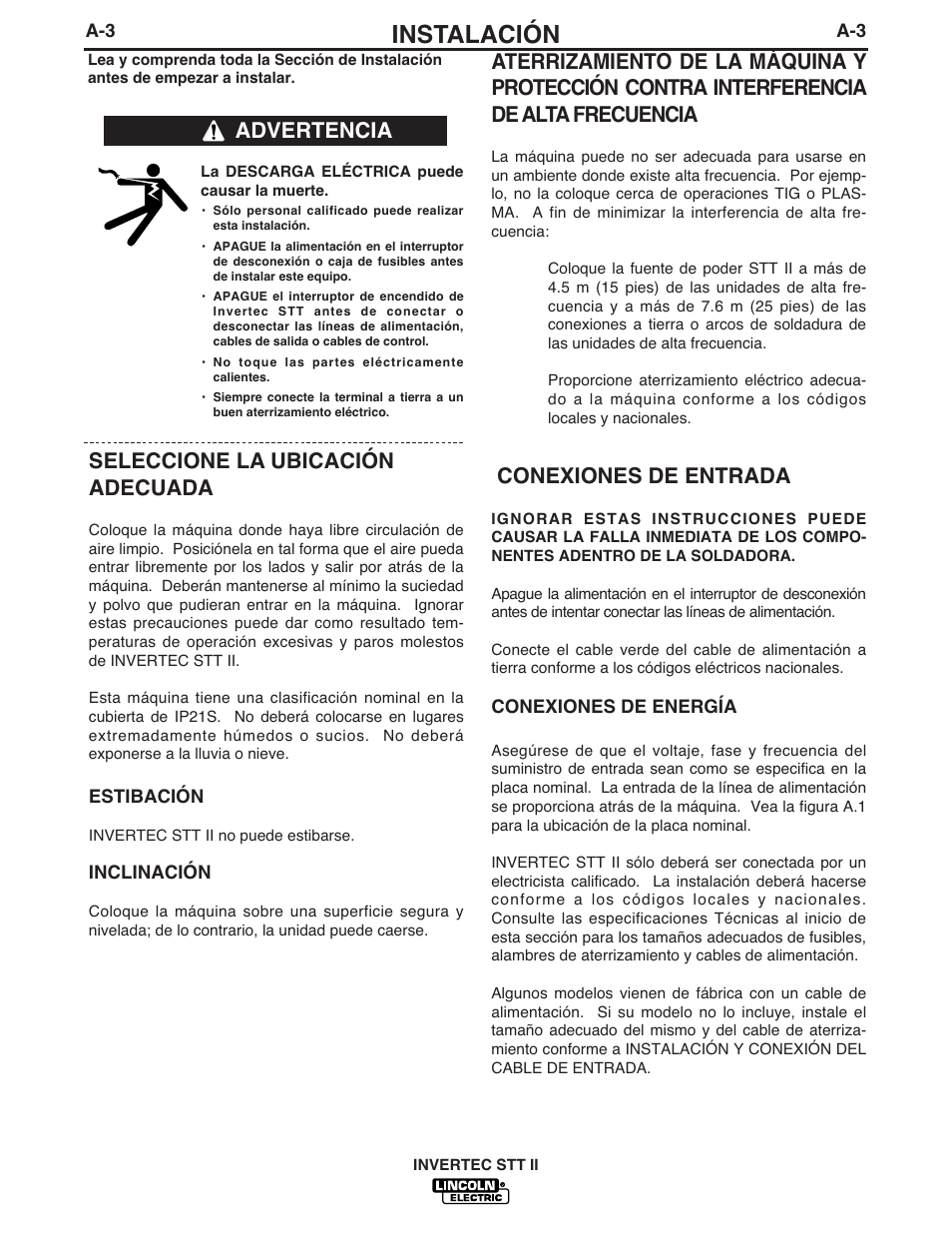 Instalación, Conexiones de entrada, Seleccione la ubicación adecuada | Lincoln Electric IM582 INVERTEC STT II User Manual | Page 10 / 38