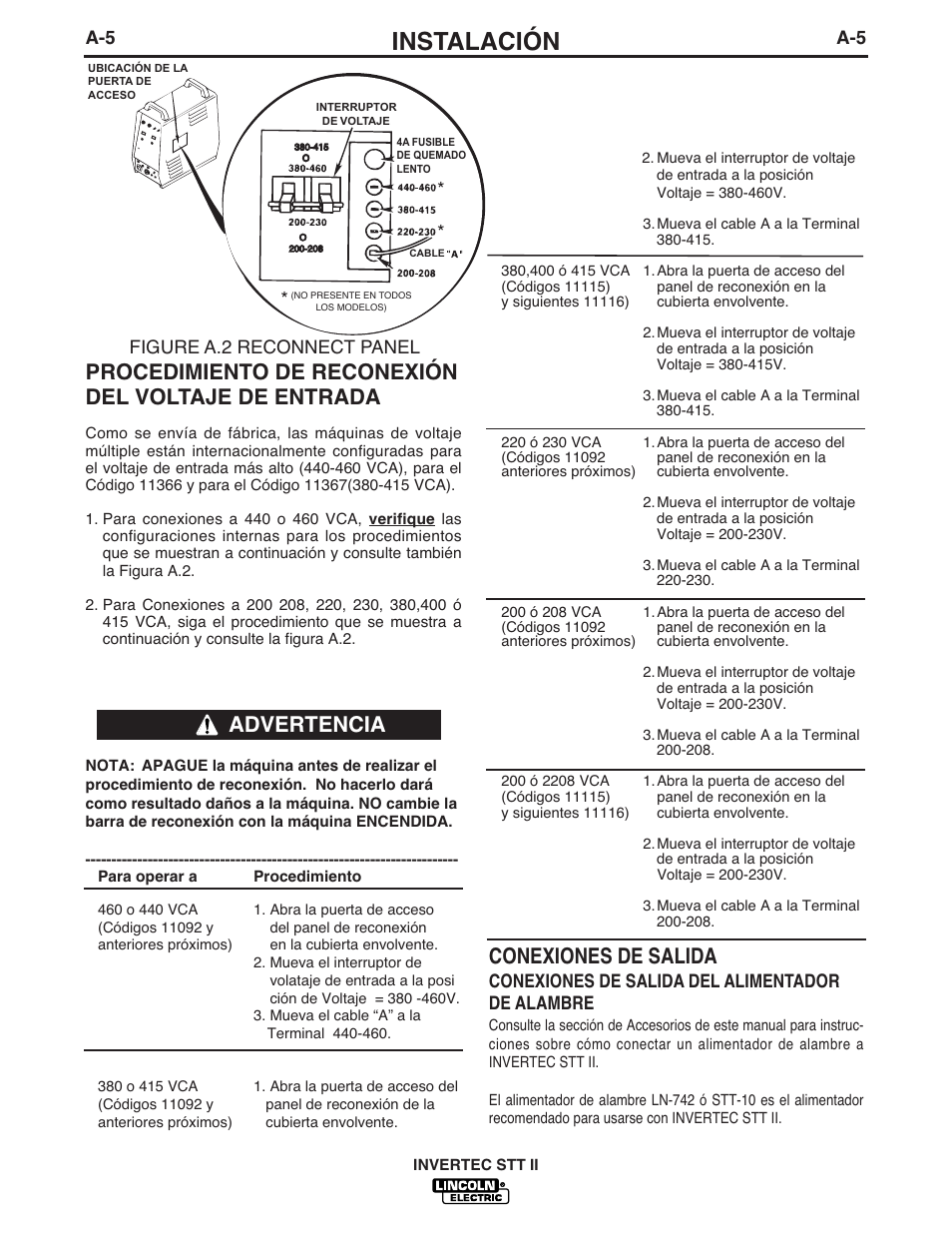 Instalación, Procedimiento de reconexión del voltaje de entrada, Conexiones de salida | Advertencia, Figure a.2 reconnect panel, Conexiones de salida del alimentador de alambre | Lincoln Electric IM582 INVERTEC STT II User Manual | Page 12 / 38