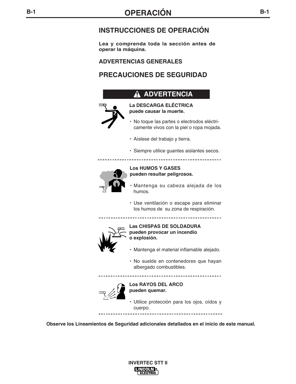 Operación, Instrucciones de operación, Precauciones de seguridad | Advertencia | Lincoln Electric IM582 INVERTEC STT II User Manual | Page 13 / 38