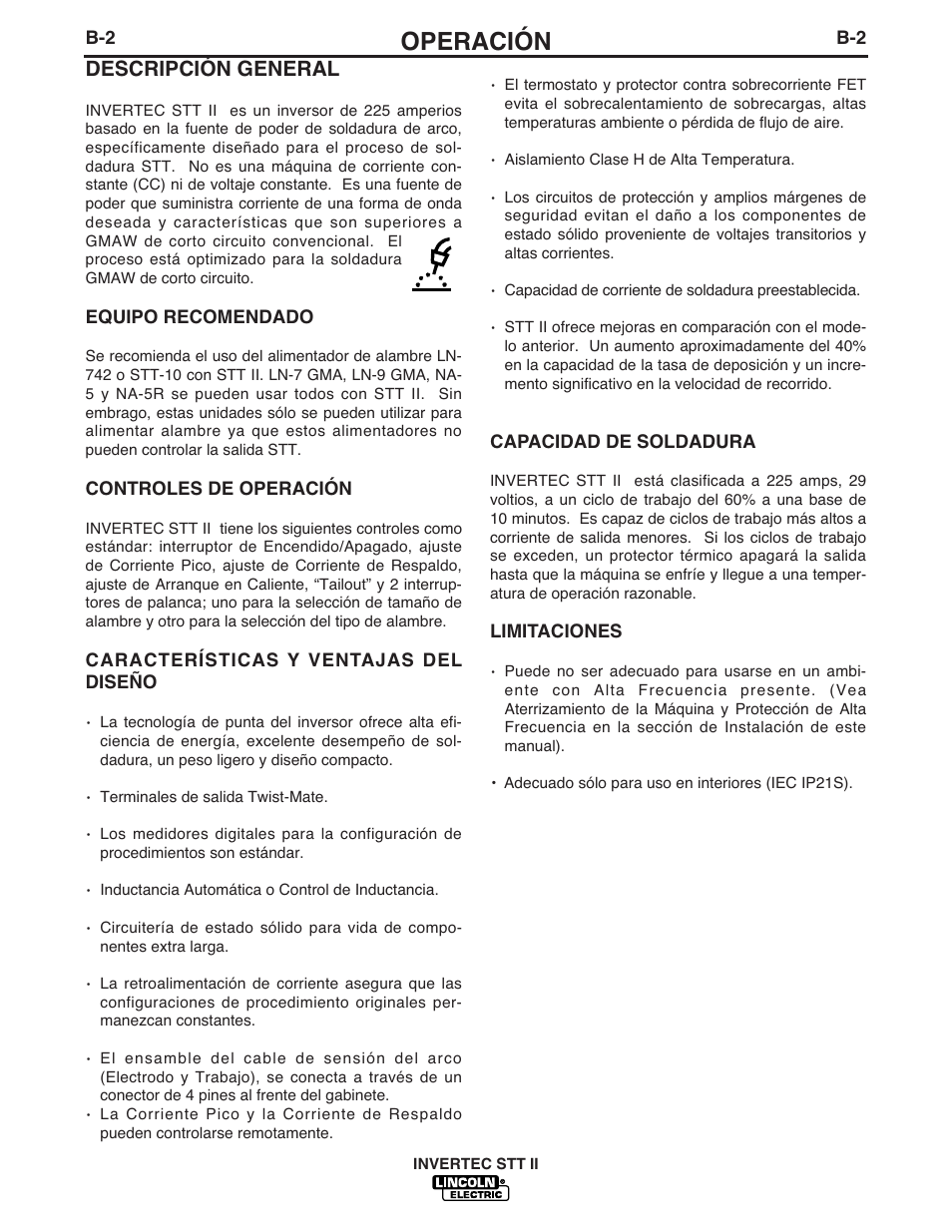 Operación, Descripción general | Lincoln Electric IM582 INVERTEC STT II User Manual | Page 14 / 38