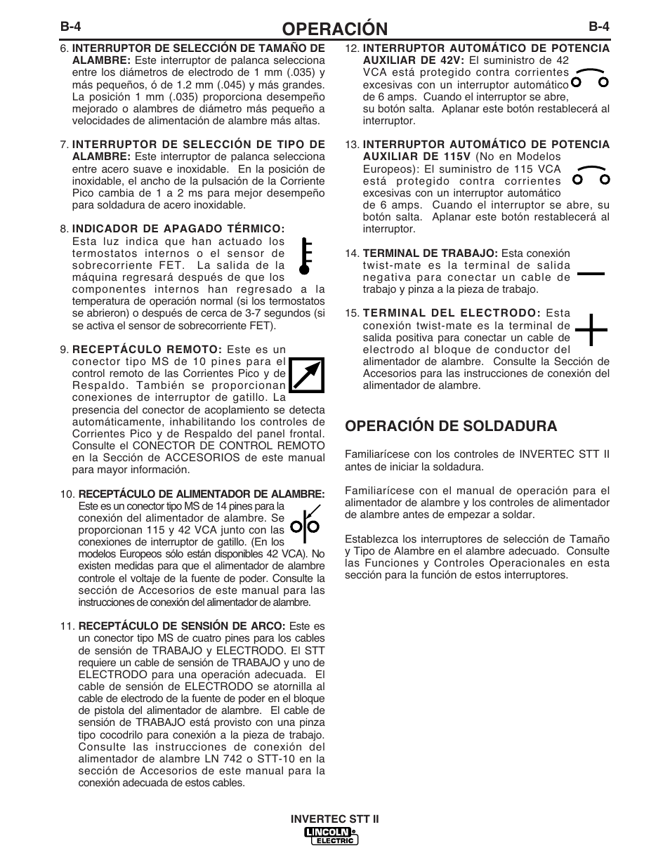 Operación, Operación de soldadura | Lincoln Electric IM582 INVERTEC STT II User Manual | Page 16 / 38