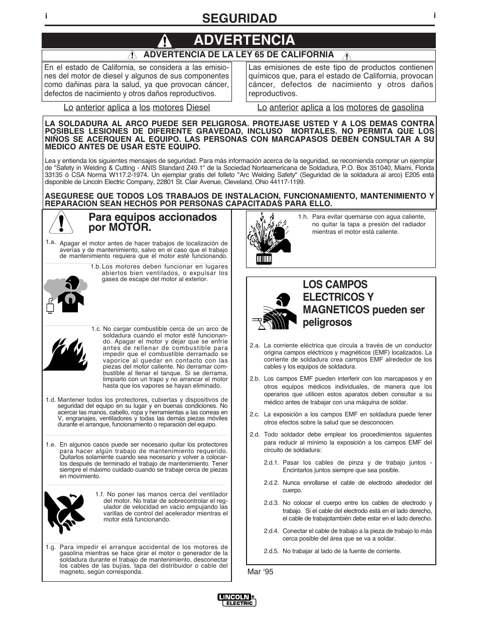 Advertencia, Seguridad, Para equipos accionados por motor | Lincoln Electric IM582 INVERTEC STT II User Manual | Page 2 / 38