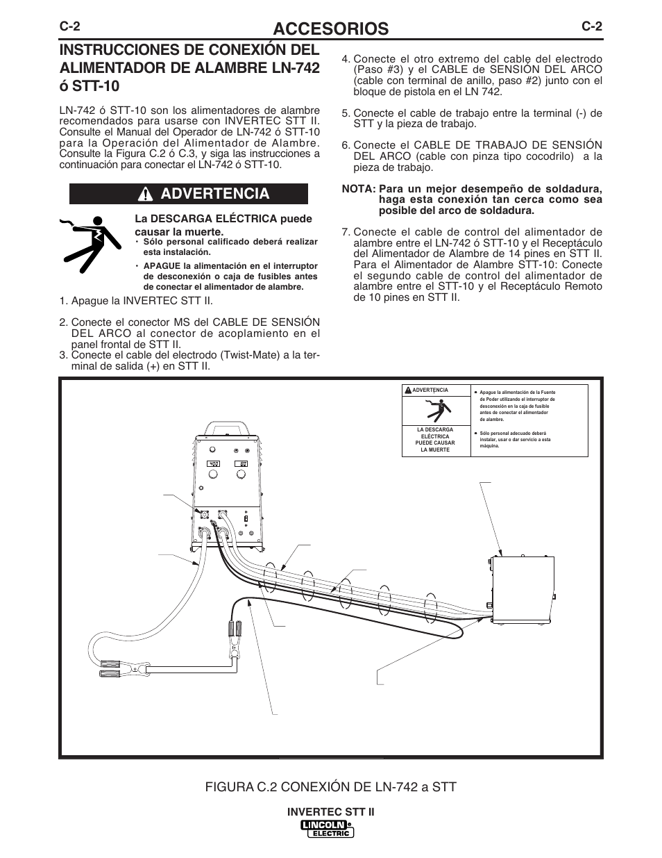 Accesorios, Advertencia, Figura c.2 conexión de ln-742 a stt | Lincoln Electric IM582 INVERTEC STT II User Manual | Page 20 / 38