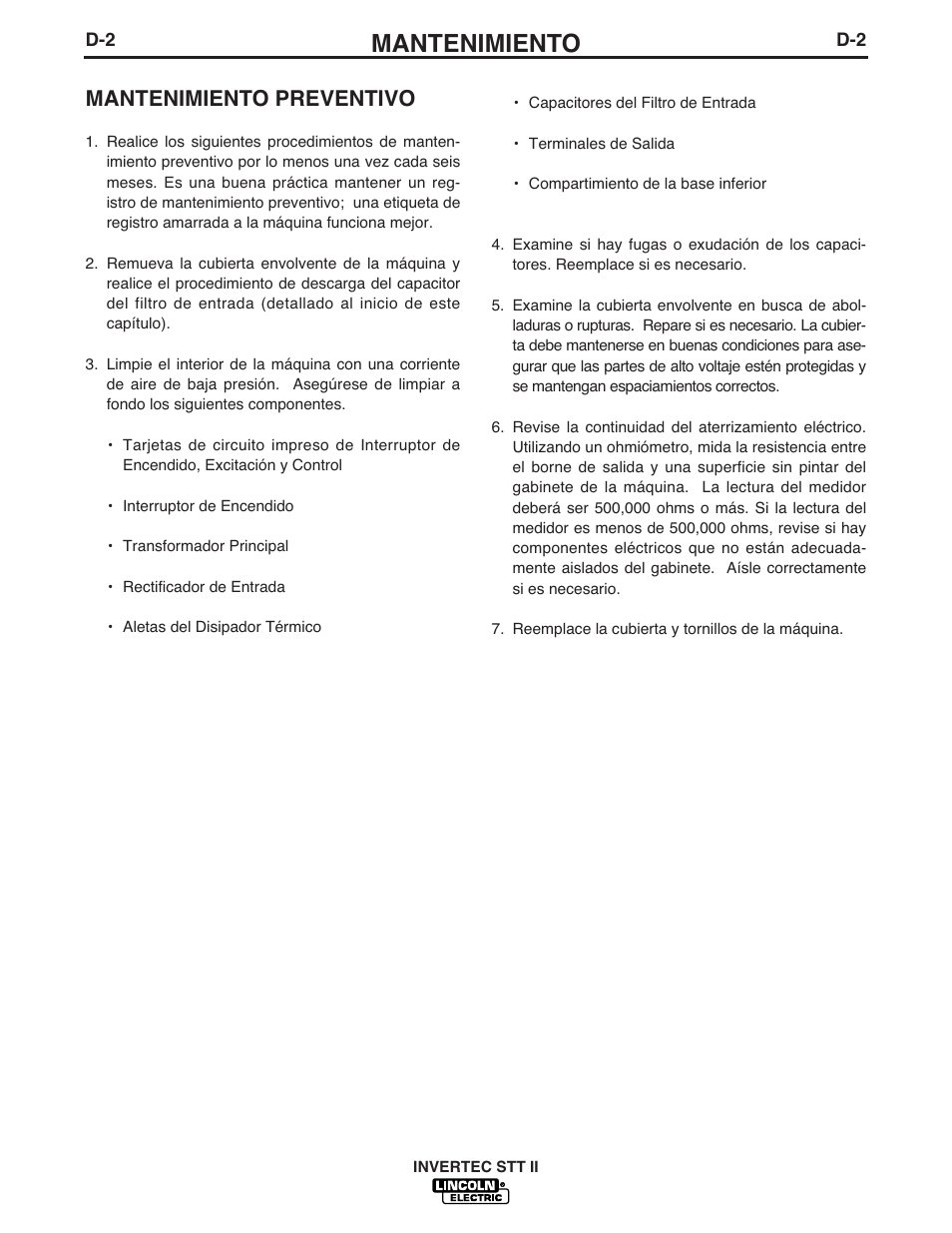 Mantenimiento, Mantenimiento preventivo | Lincoln Electric IM582 INVERTEC STT II User Manual | Page 23 / 38