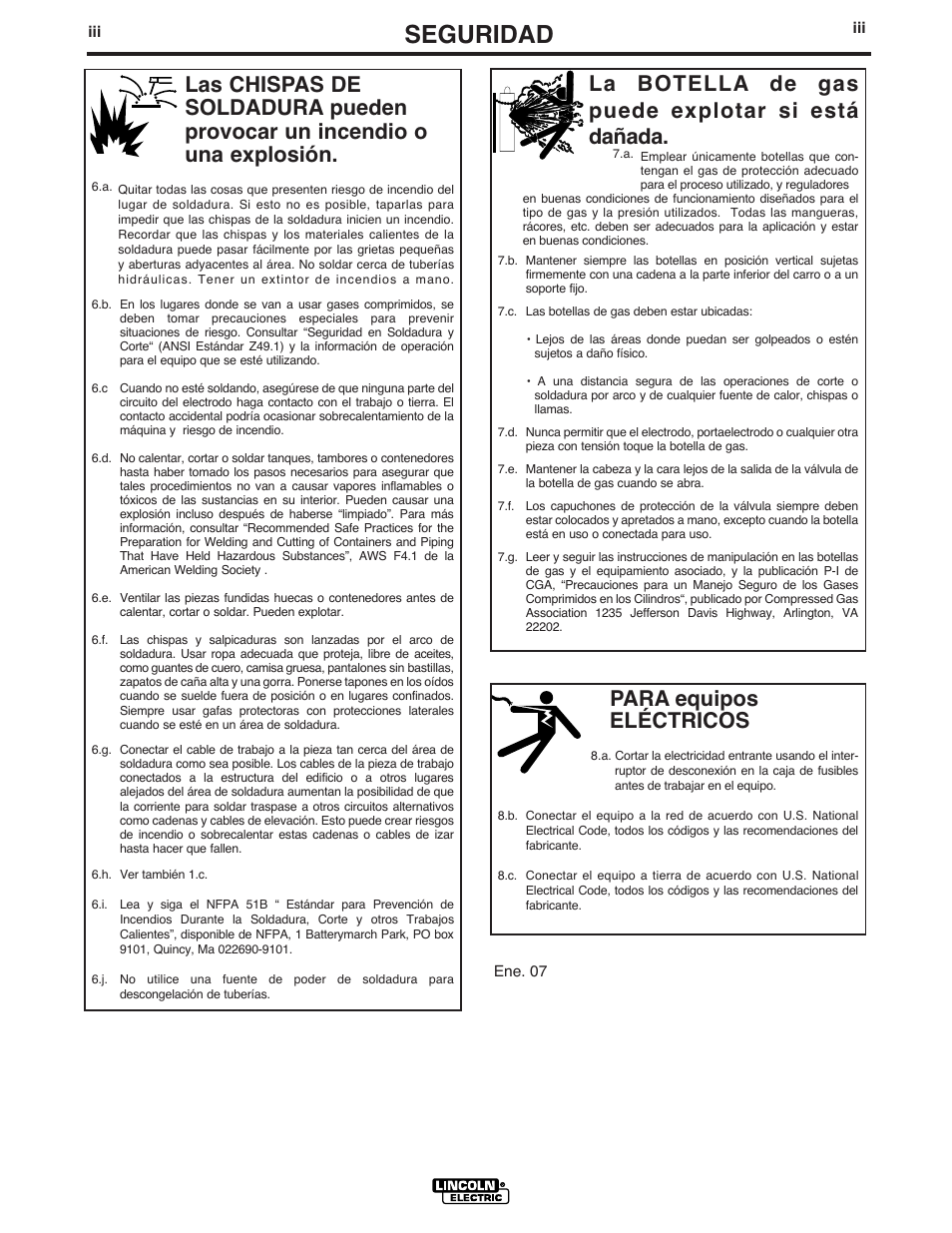 Seguridad, Para equipos eléctricos, La botella de gas puede explotar si está dañada | Lincoln Electric IM582 INVERTEC STT II User Manual | Page 4 / 38