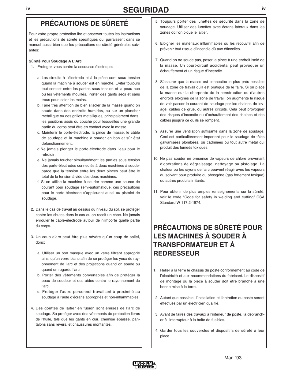 Seguridad, Précautions de sûreté | Lincoln Electric IM582 INVERTEC STT II User Manual | Page 5 / 38