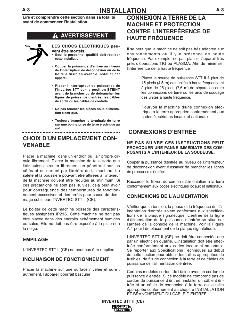 Installation, Connexions dʼentrée, Choix dʼun emplacement con- venable | Lincoln Electric IM904 INVERTEC STT II User Manual | Page 10 / 35