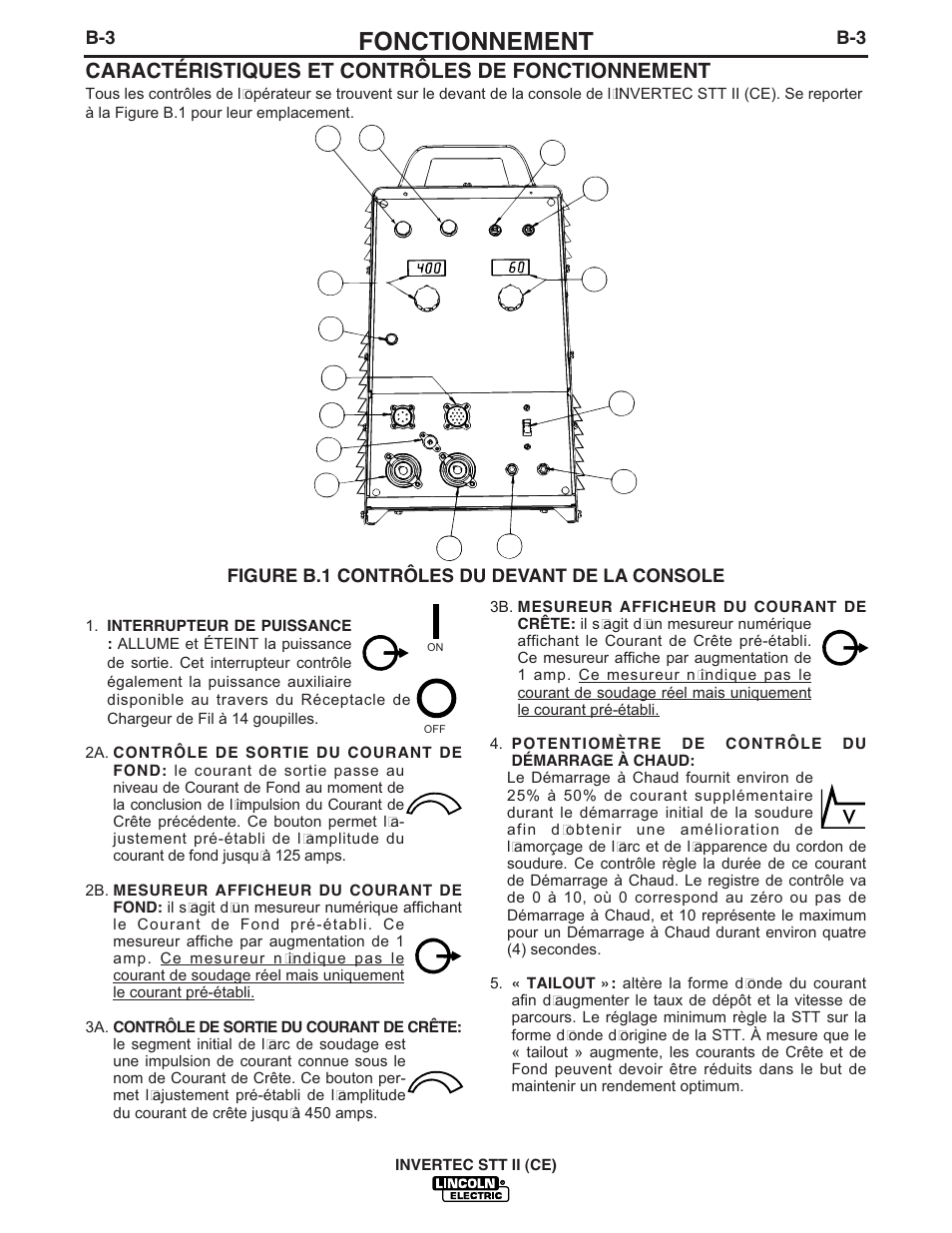 Fonctionnement, Caractéristiques et contrôles de fonctionnement | Lincoln Electric IM904 INVERTEC STT II User Manual | Page 15 / 35