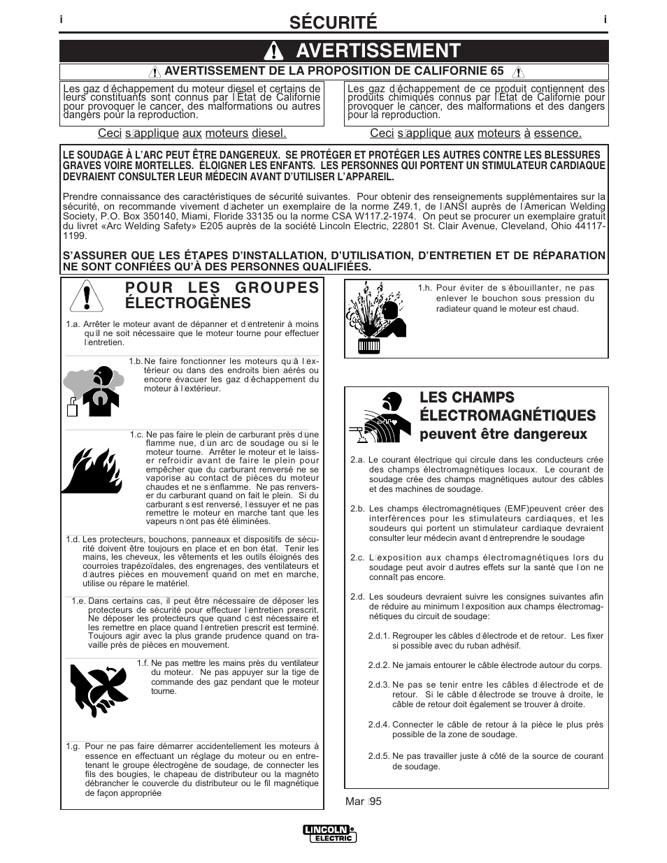 Avertissement, Sécurité, Pour les groupes électrogènes | Lincoln Electric IM904 INVERTEC STT II User Manual | Page 2 / 35