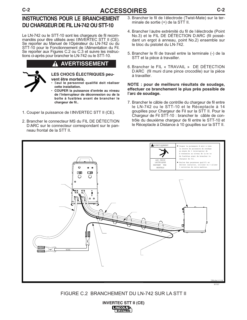 Accessoires, Avertissement, Figure c.2 branchement du ln-742 sur la stt ii | Lincoln Electric IM904 INVERTEC STT II User Manual | Page 20 / 35