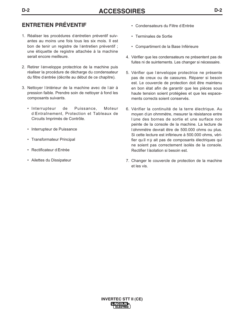Accessoires, Entretien préventif | Lincoln Electric IM904 INVERTEC STT II User Manual | Page 23 / 35