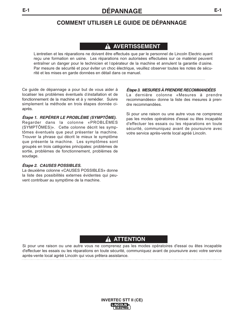 Dépannage, Attention, Comment utiliser le guide de dépannage | Avertissement | Lincoln Electric IM904 INVERTEC STT II User Manual | Page 24 / 35