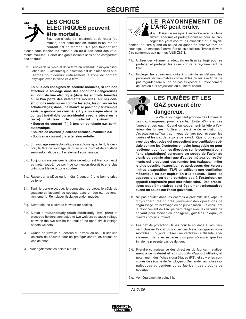 Sécurité, Le rayonnement de l'arc peut brûler, Les chocs électriques peuvent être mortels | Les fumées et les gaz peuvent être dangereux | Lincoln Electric IM904 INVERTEC STT II User Manual | Page 3 / 35