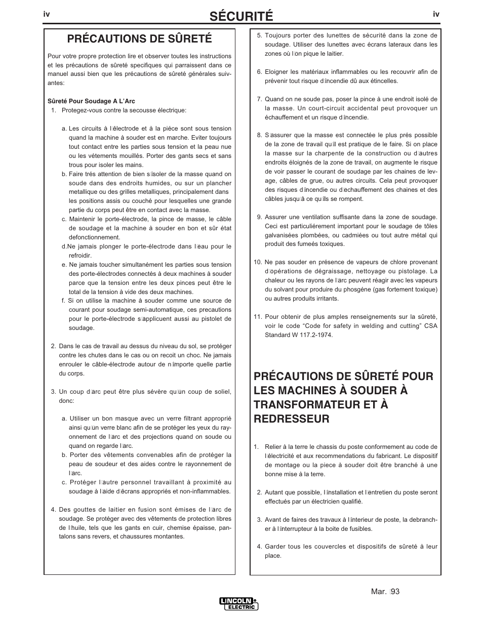 Sécurité, Précautions de sûreté | Lincoln Electric IM904 INVERTEC STT II User Manual | Page 5 / 35