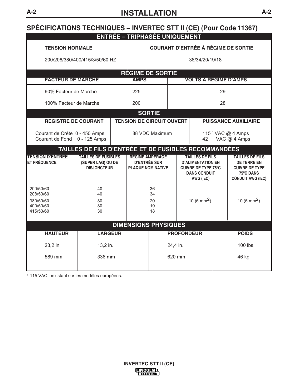 Installation | Lincoln Electric IM904 INVERTEC STT II User Manual | Page 9 / 35