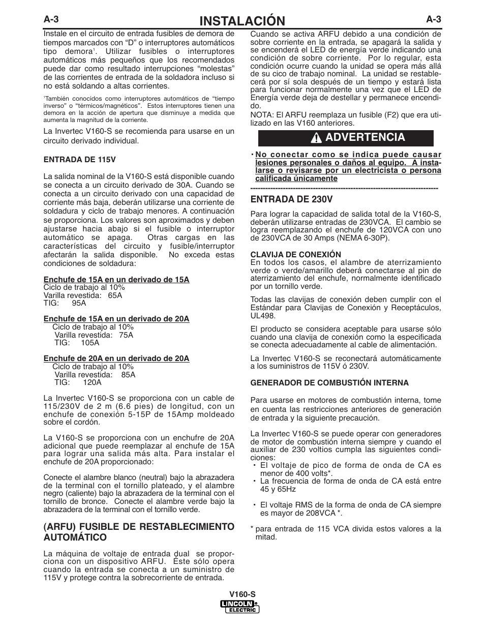 Instalación, Advertencia | Lincoln Electric IM737 INVERTEC V160-S User Manual | Page 10 / 29