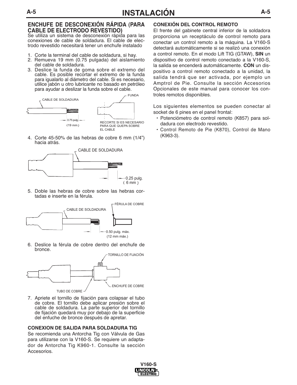 Instalación | Lincoln Electric IM737 INVERTEC V160-S User Manual | Page 12 / 29