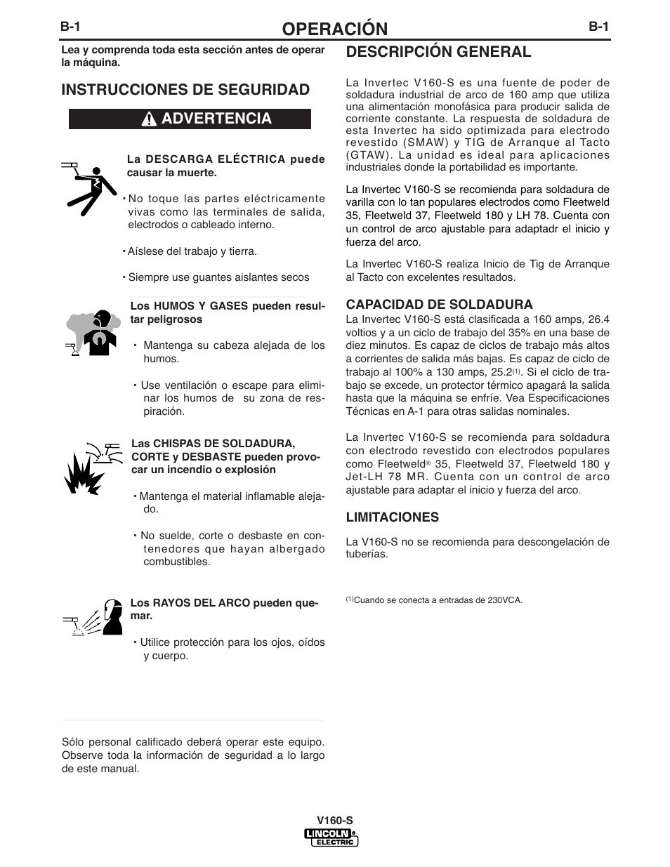 Operación, Descripción general, Instrucciones de seguridad | Advertencia | Lincoln Electric IM737 INVERTEC V160-S User Manual | Page 13 / 29