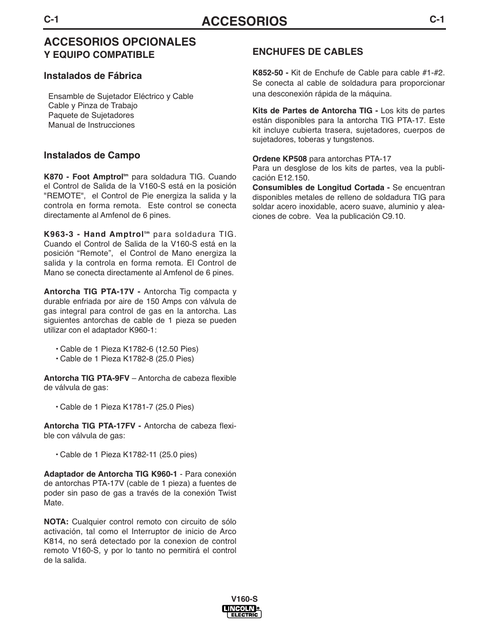 Accesorios, Accesorios opcionales | Lincoln Electric IM737 INVERTEC V160-S User Manual | Page 18 / 29