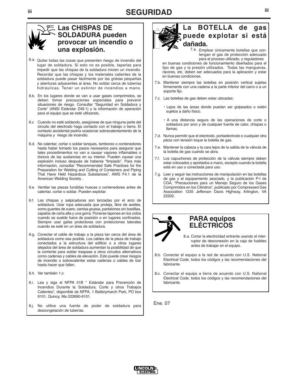 Seguridad, Para equipos eléctricos, La botella de gas puede explotar si está dañada | Lincoln Electric IM737 INVERTEC V160-S User Manual | Page 4 / 29