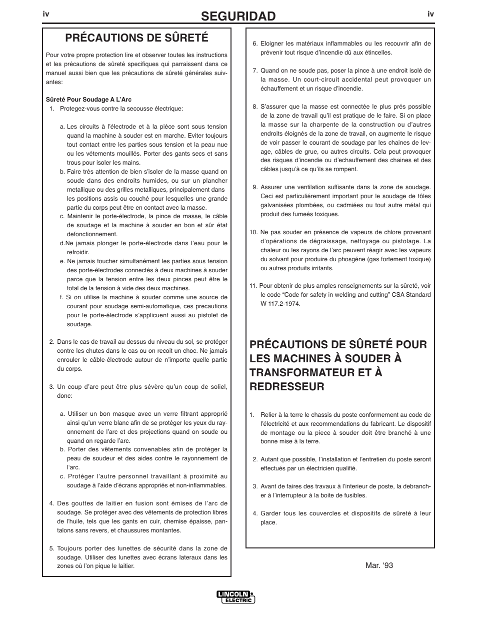 Seguridad, Précautions de sûreté | Lincoln Electric IM737 INVERTEC V160-S User Manual | Page 5 / 29