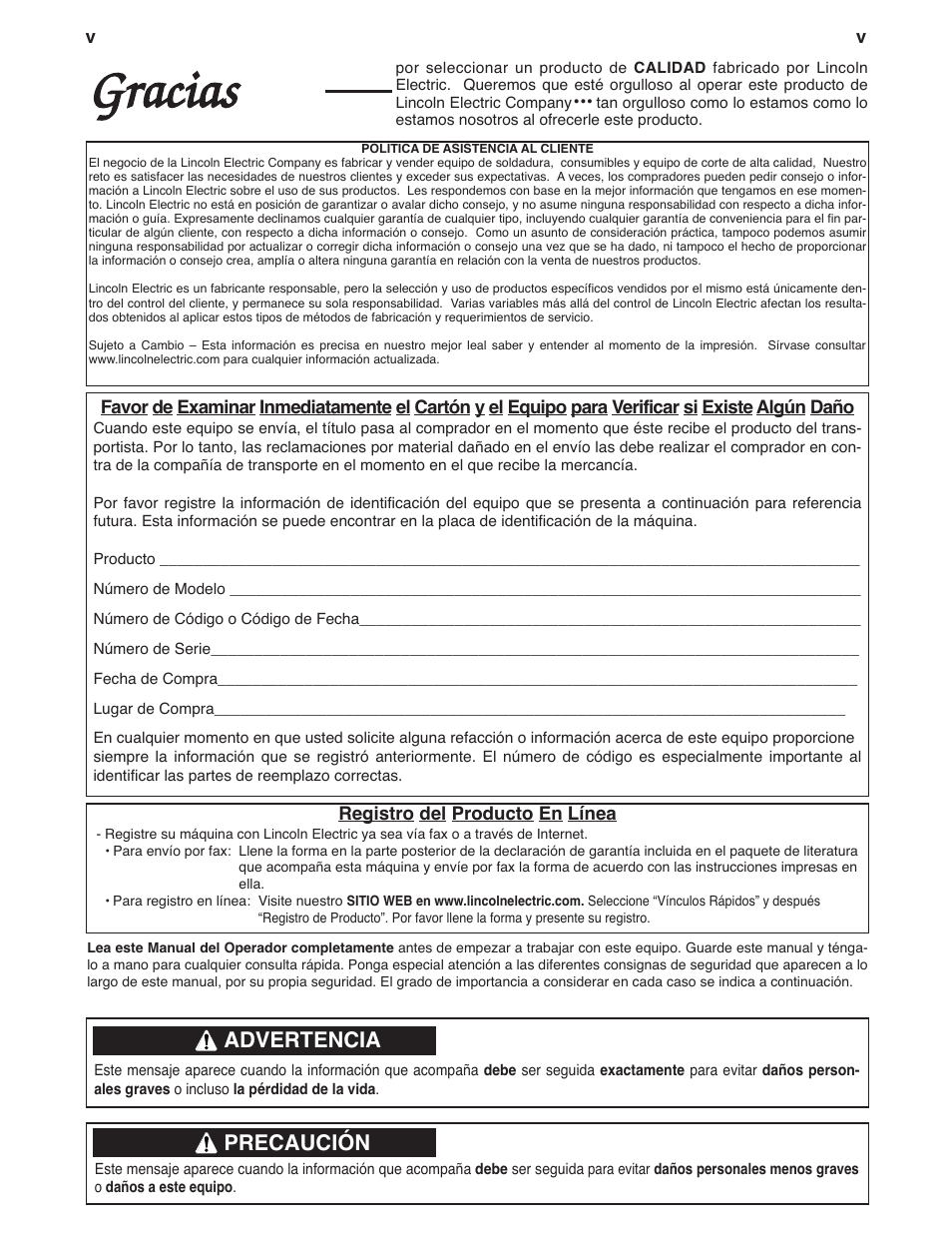 Gracias, Advertencia, Precaución | Lincoln Electric IM737 INVERTEC V160-S User Manual | Page 6 / 29