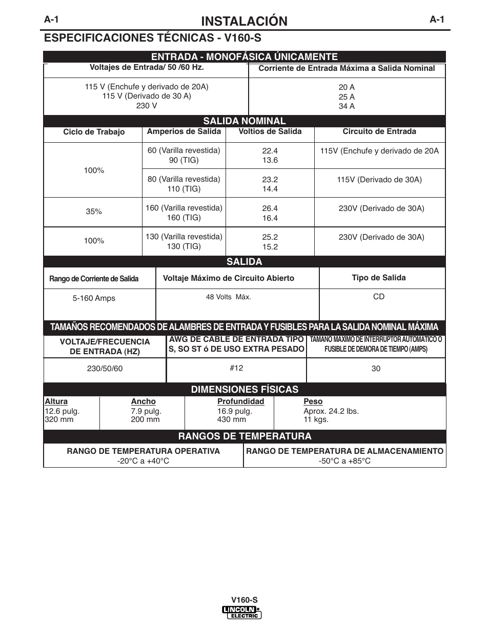 Instalación, Especificaciones técnicas - v160-s | Lincoln Electric IM737 INVERTEC V160-S User Manual | Page 8 / 29