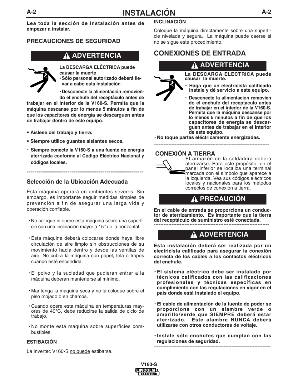 Instalación, Conexiones de entrada, Advertencia | Advertencia precaución advertencia | Lincoln Electric IM737 INVERTEC V160-S User Manual | Page 9 / 29