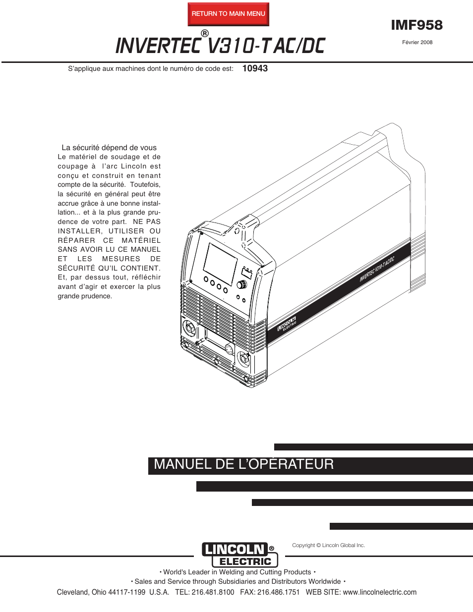 Lincoln Electric IM958 INVERTEC V310-T AC_DC User Manual | 38 pages