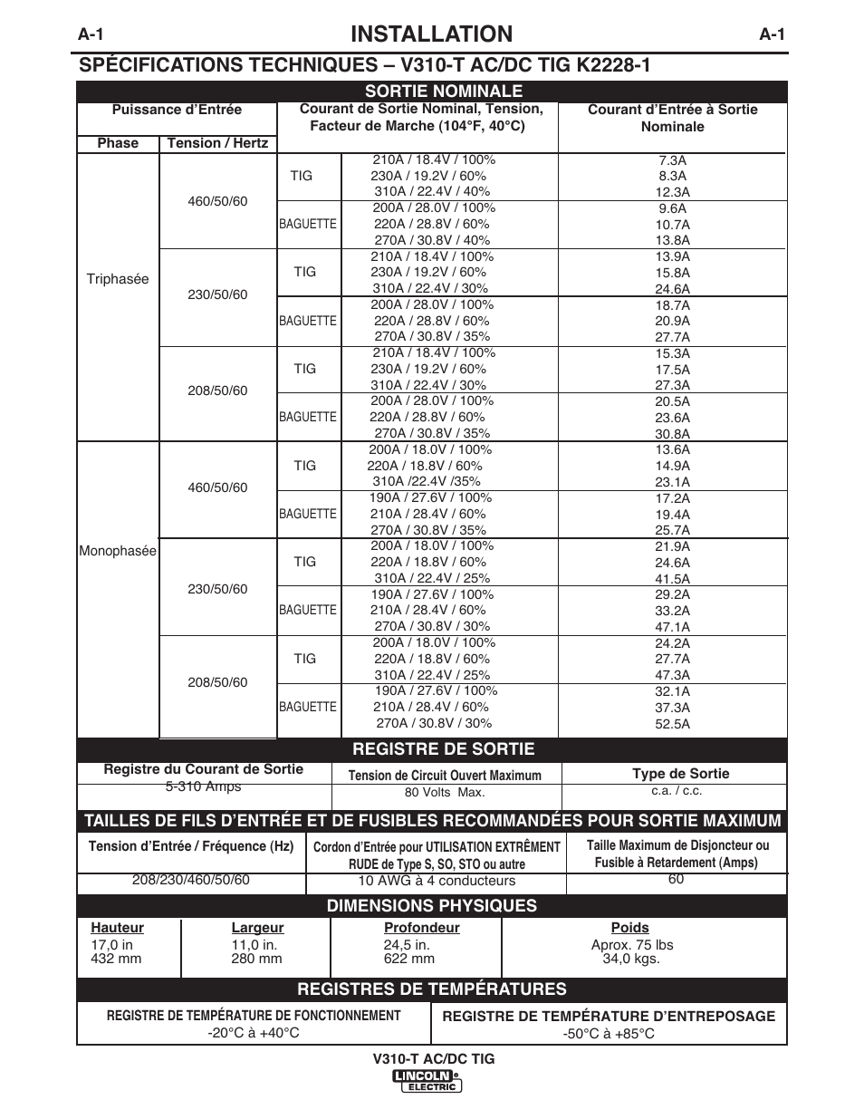 Installation | Lincoln Electric IM958 INVERTEC V310-T AC_DC User Manual | Page 10 / 38