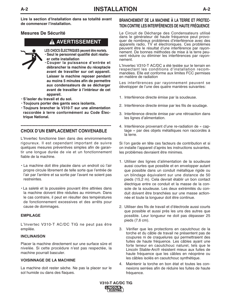 Installation, Avertissement | Lincoln Electric IM958 INVERTEC V310-T AC_DC User Manual | Page 11 / 38