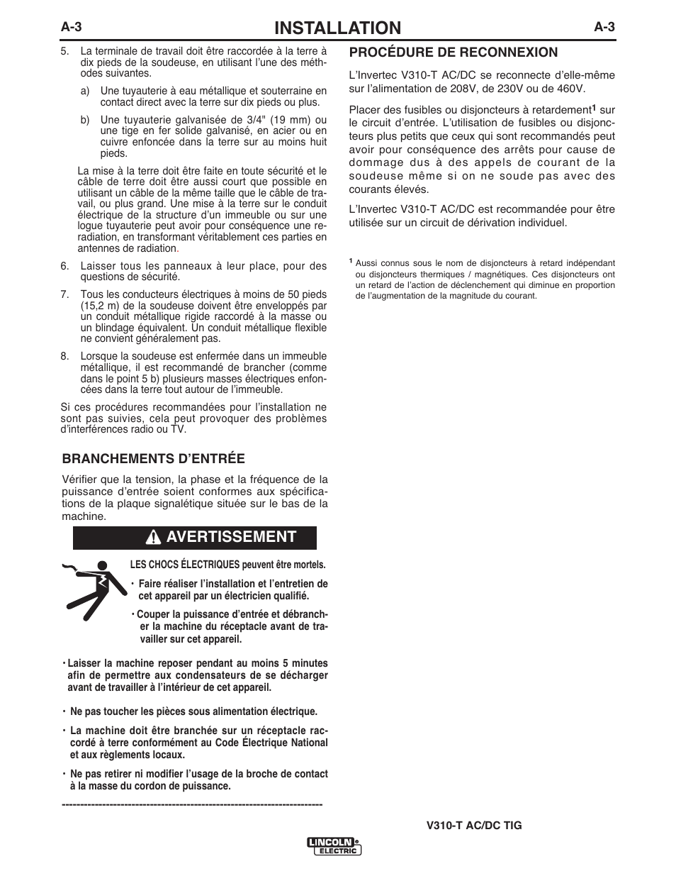 Installation, Avertissement | Lincoln Electric IM958 INVERTEC V310-T AC_DC User Manual | Page 12 / 38