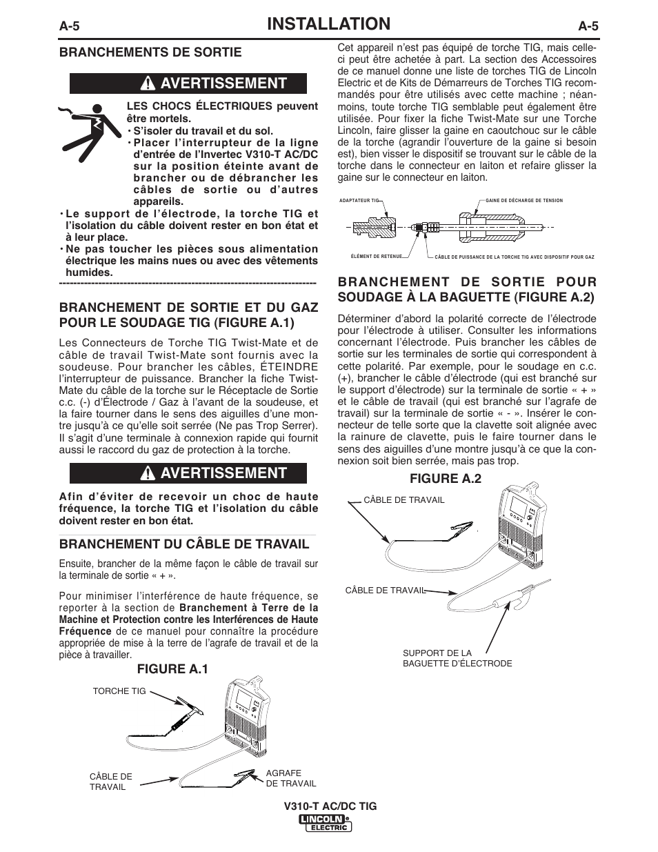 Installation, Avertissement | Lincoln Electric IM958 INVERTEC V310-T AC_DC User Manual | Page 14 / 38