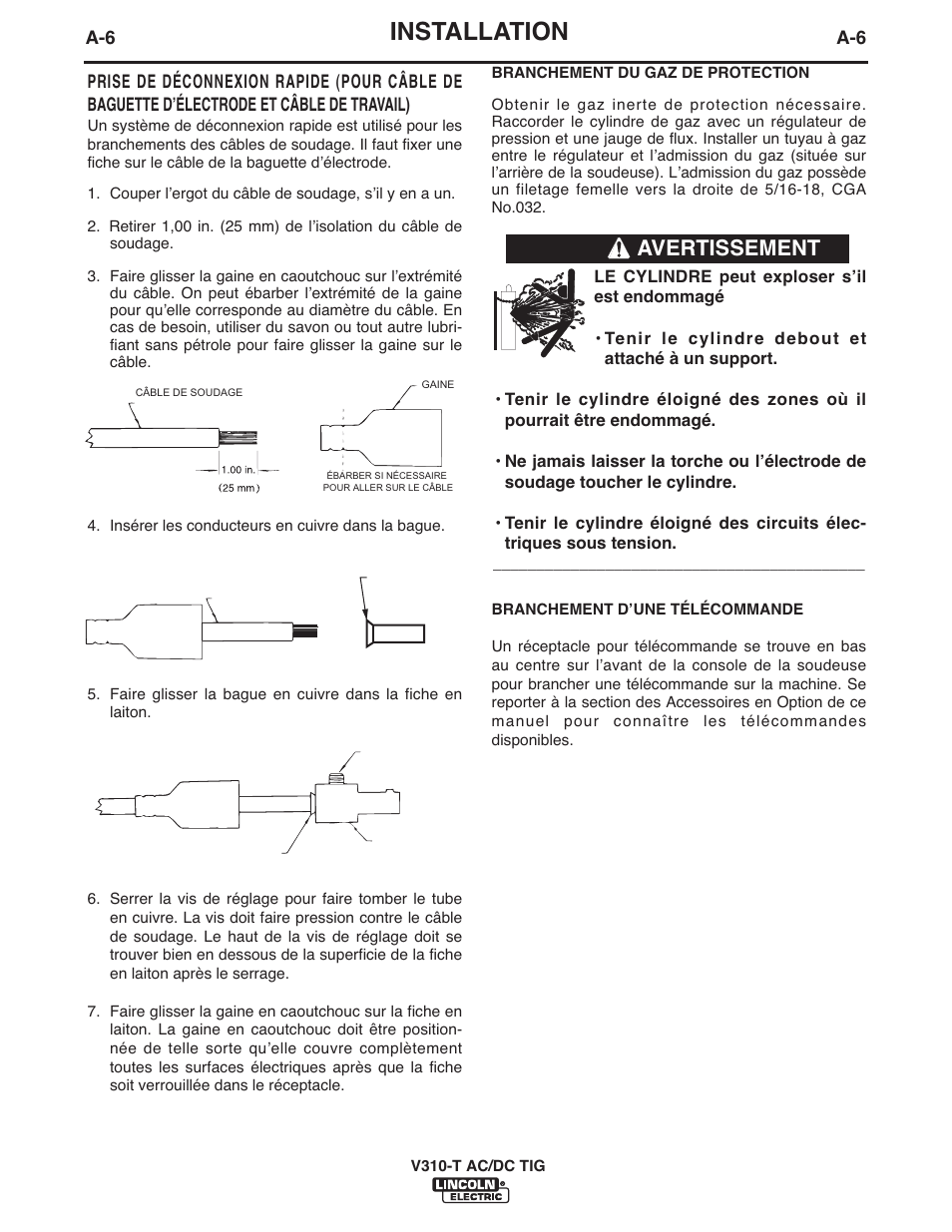 Installation, Avertissement | Lincoln Electric IM958 INVERTEC V310-T AC_DC User Manual | Page 15 / 38