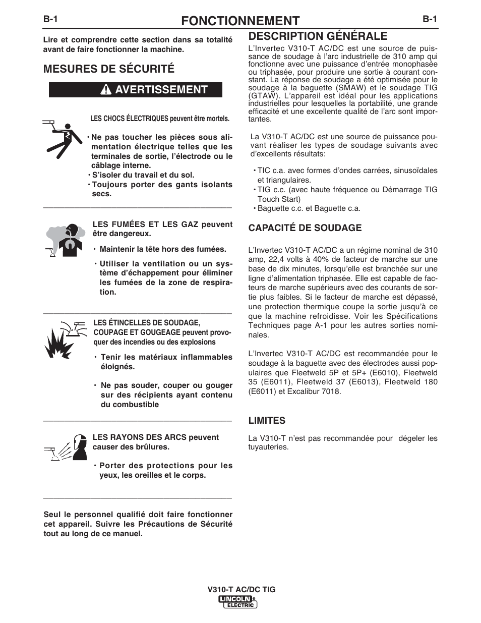 Fonctionnement, Mesures de sécurité, Description générale | Avertissement | Lincoln Electric IM958 INVERTEC V310-T AC_DC User Manual | Page 16 / 38