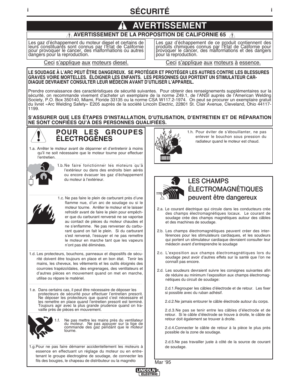 Avertissement, Sécurité, Pour les groupes électrogènes | Lincoln Electric IM958 INVERTEC V310-T AC_DC User Manual | Page 2 / 38