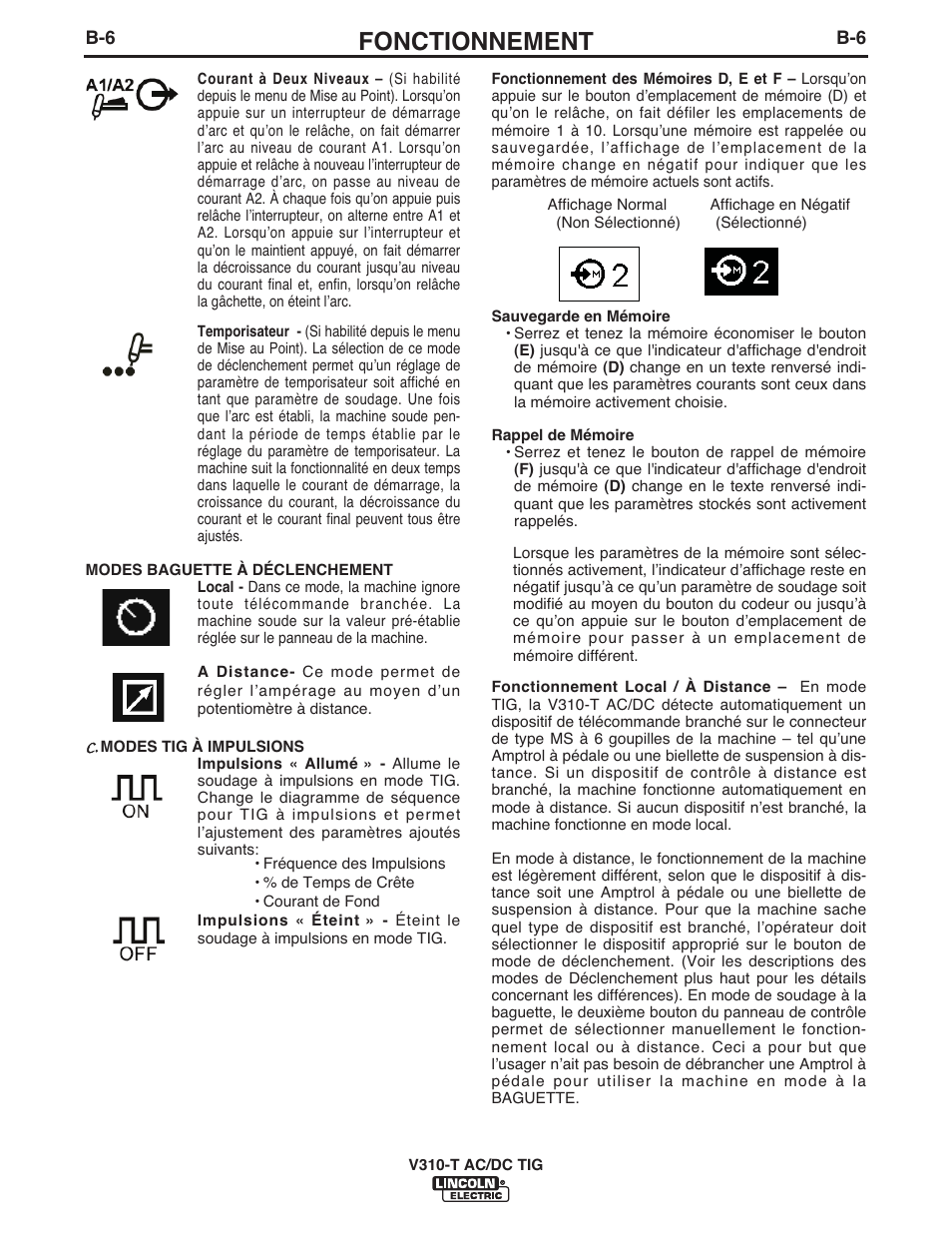 Fonctionnement | Lincoln Electric IM958 INVERTEC V310-T AC_DC User Manual | Page 21 / 38