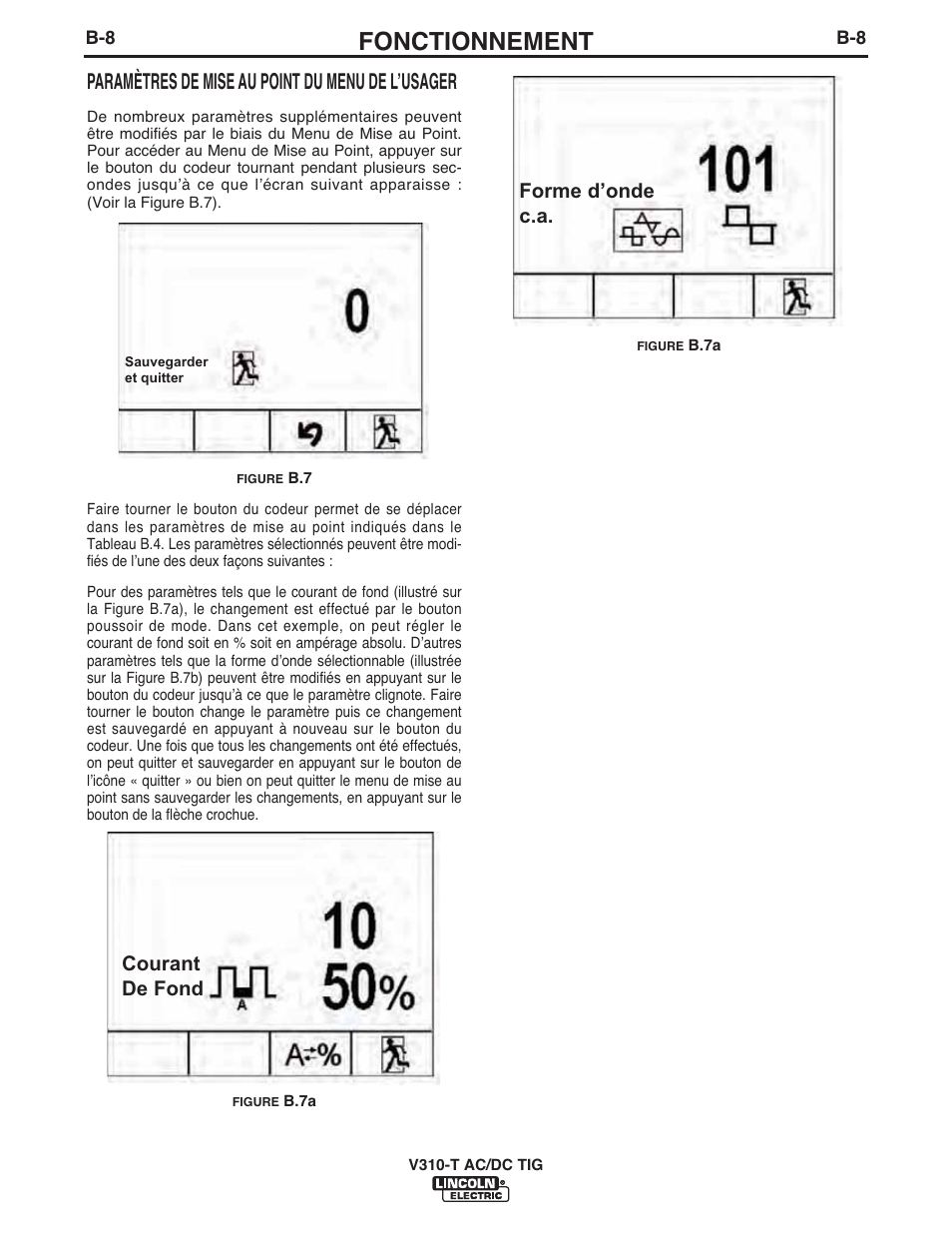 Fonctionnement, Paramètres de mise au point du menu de lʼusager, Courant de fond forme d’onde c.a | Lincoln Electric IM958 INVERTEC V310-T AC_DC User Manual | Page 23 / 38