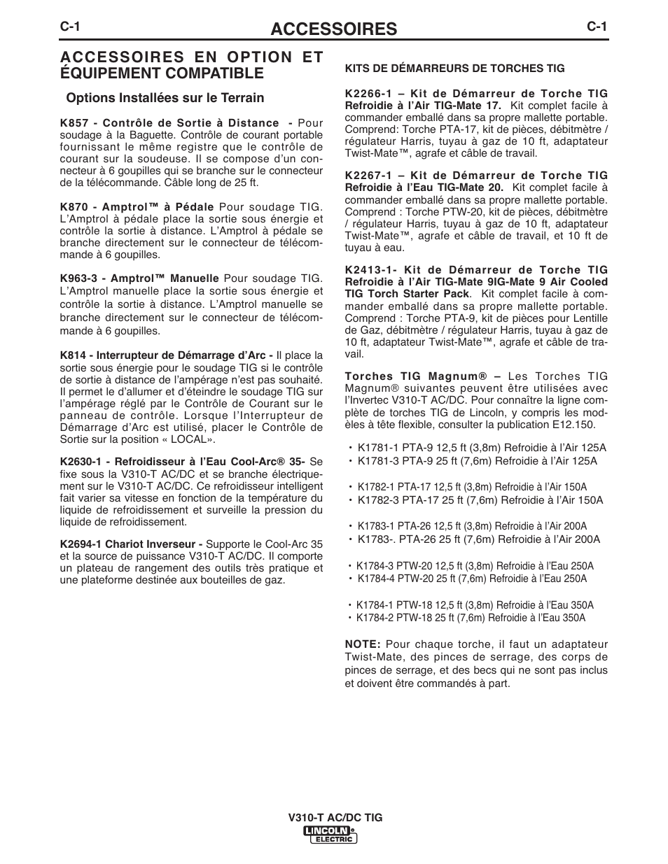 Accessoires, Accessoires en option et équipement compatible | Lincoln Electric IM958 INVERTEC V310-T AC_DC User Manual | Page 27 / 38