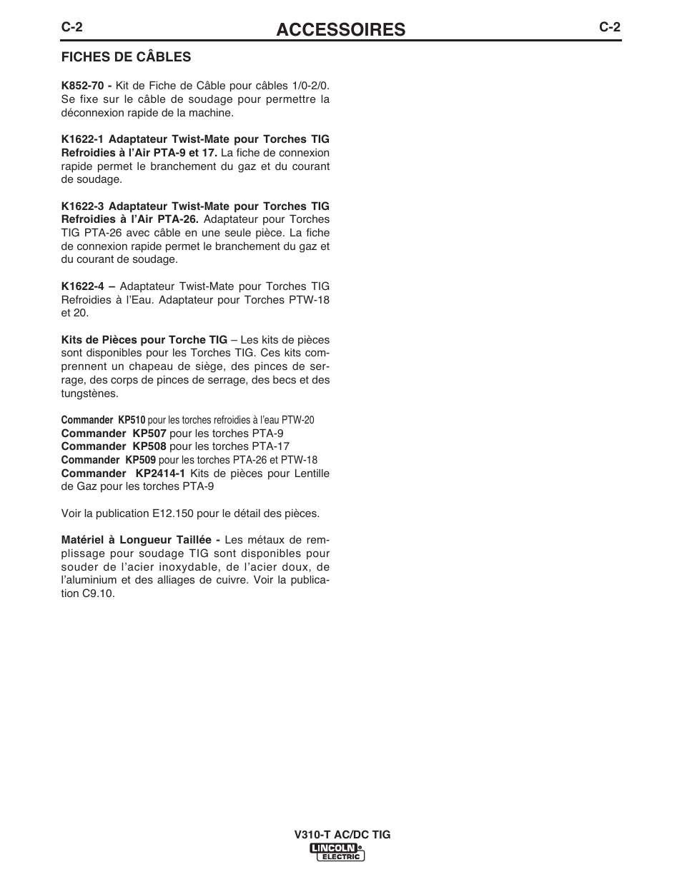 Accessoires | Lincoln Electric IM958 INVERTEC V310-T AC_DC User Manual | Page 28 / 38