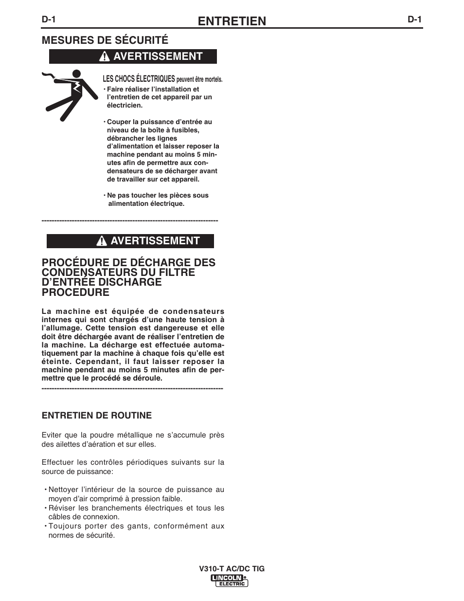 Entretien, Mesures de sécurité, Avertissement | Lincoln Electric IM958 INVERTEC V310-T AC_DC User Manual | Page 29 / 38