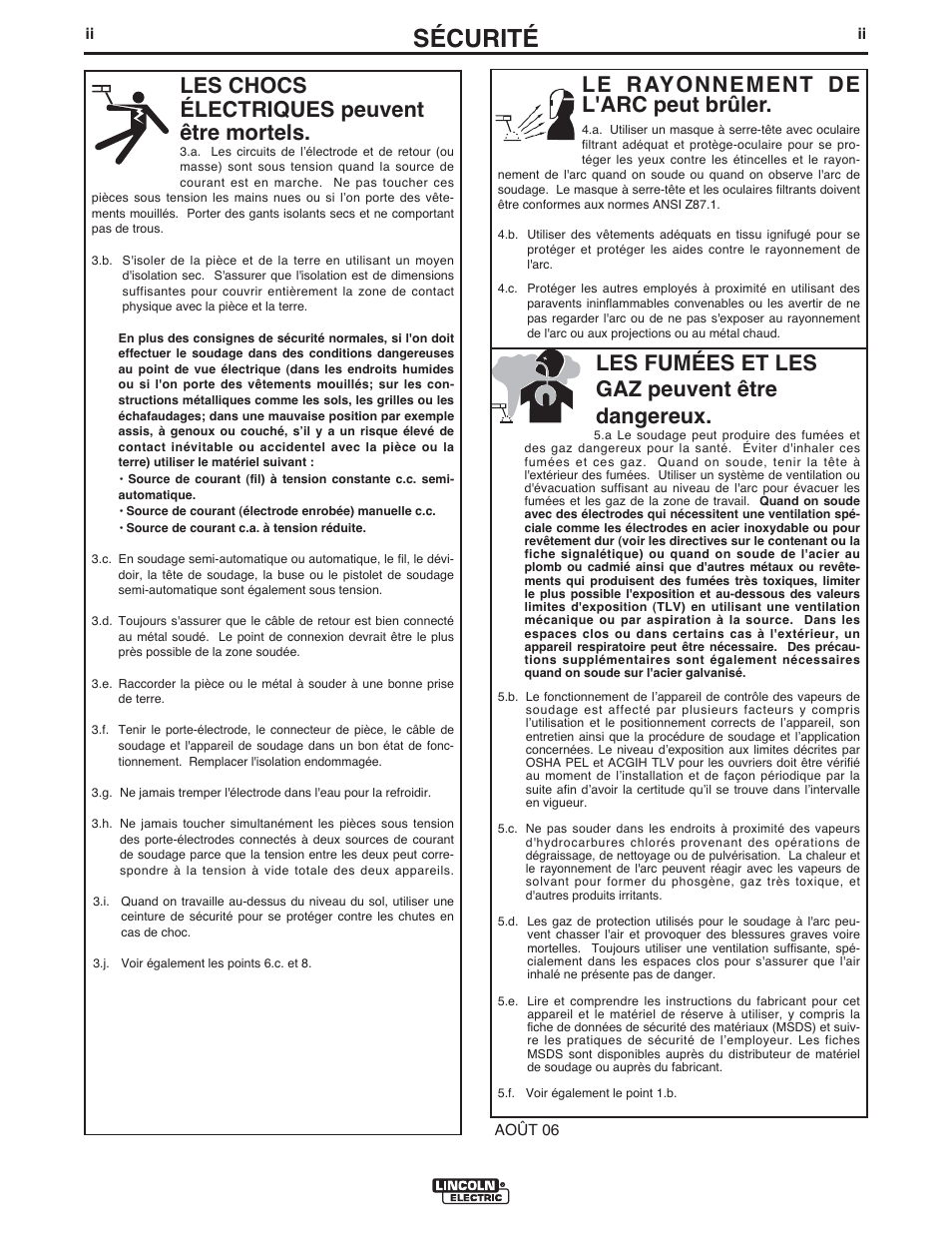 Sécurité, Le rayonnement de l'arc peut brûler, Les chocs électriques peuvent être mortels | Les fumées et les gaz peuvent être dangereux | Lincoln Electric IM958 INVERTEC V310-T AC_DC User Manual | Page 3 / 38