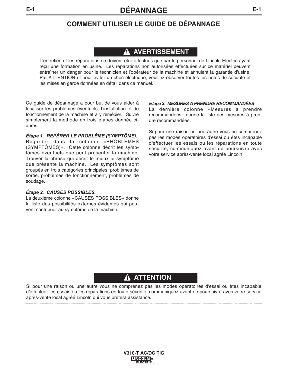 Dépannage, Attention, Comment utiliser le guide de dépannage | Avertissement | Lincoln Electric IM958 INVERTEC V310-T AC_DC User Manual | Page 30 / 38