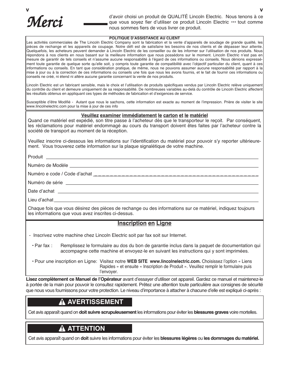 Merci, Avertissement, Attention | Lincoln Electric IM958 INVERTEC V310-T AC_DC User Manual | Page 8 / 38