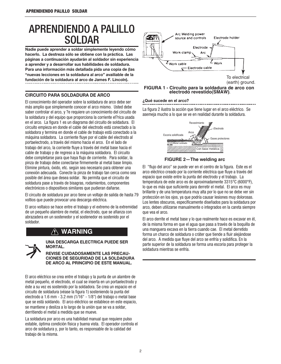 Aprendiendo a palillo soldar, Warning | Lincoln Electric LTW2 LEARNING TO STICK WELD User Manual | Page 16 / 36