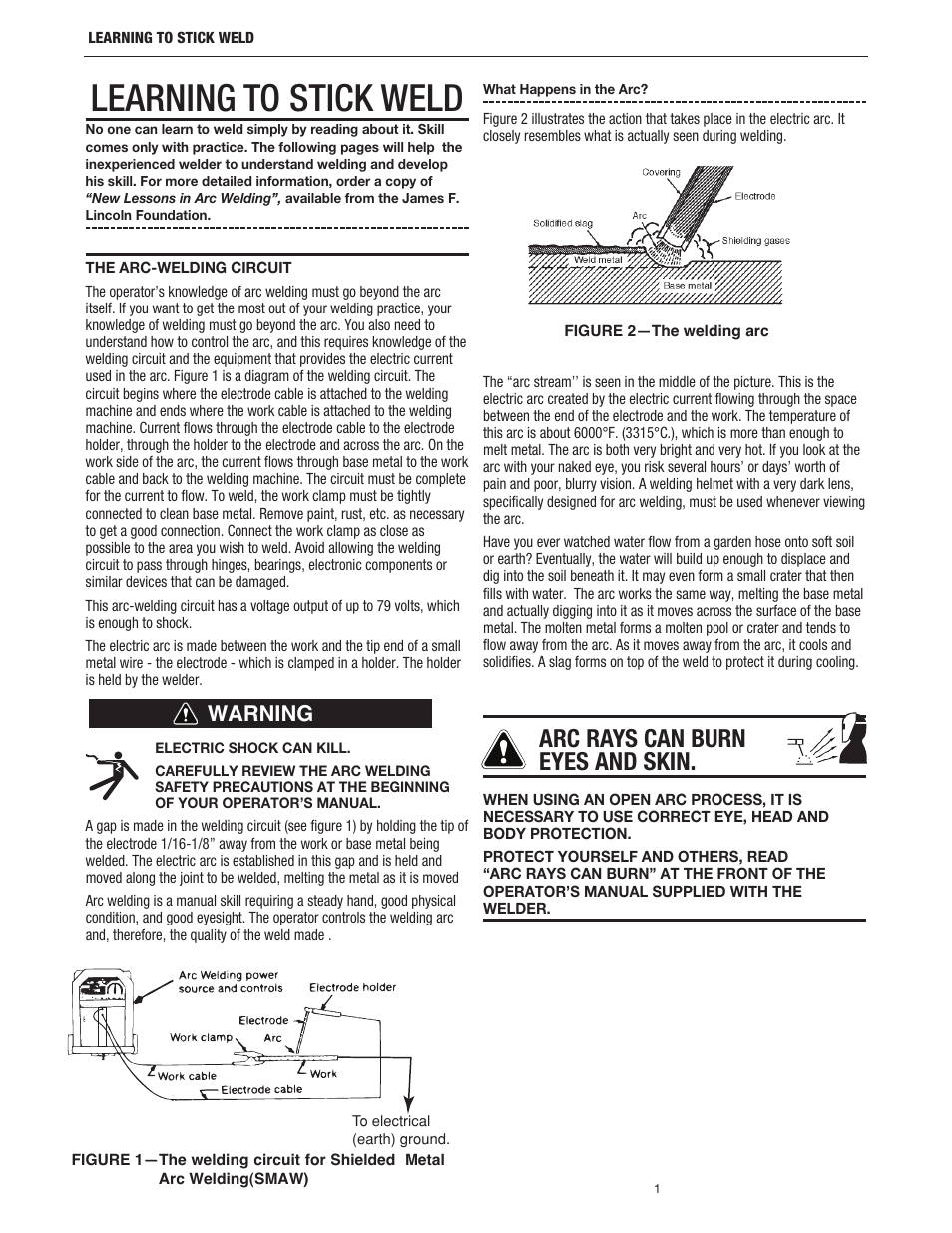 Learning to stick weld, Arc rays can burn eyes and skin, Warning | Lincoln Electric LTW2 LEARNING TO STICK WELD User Manual | Page 4 / 36