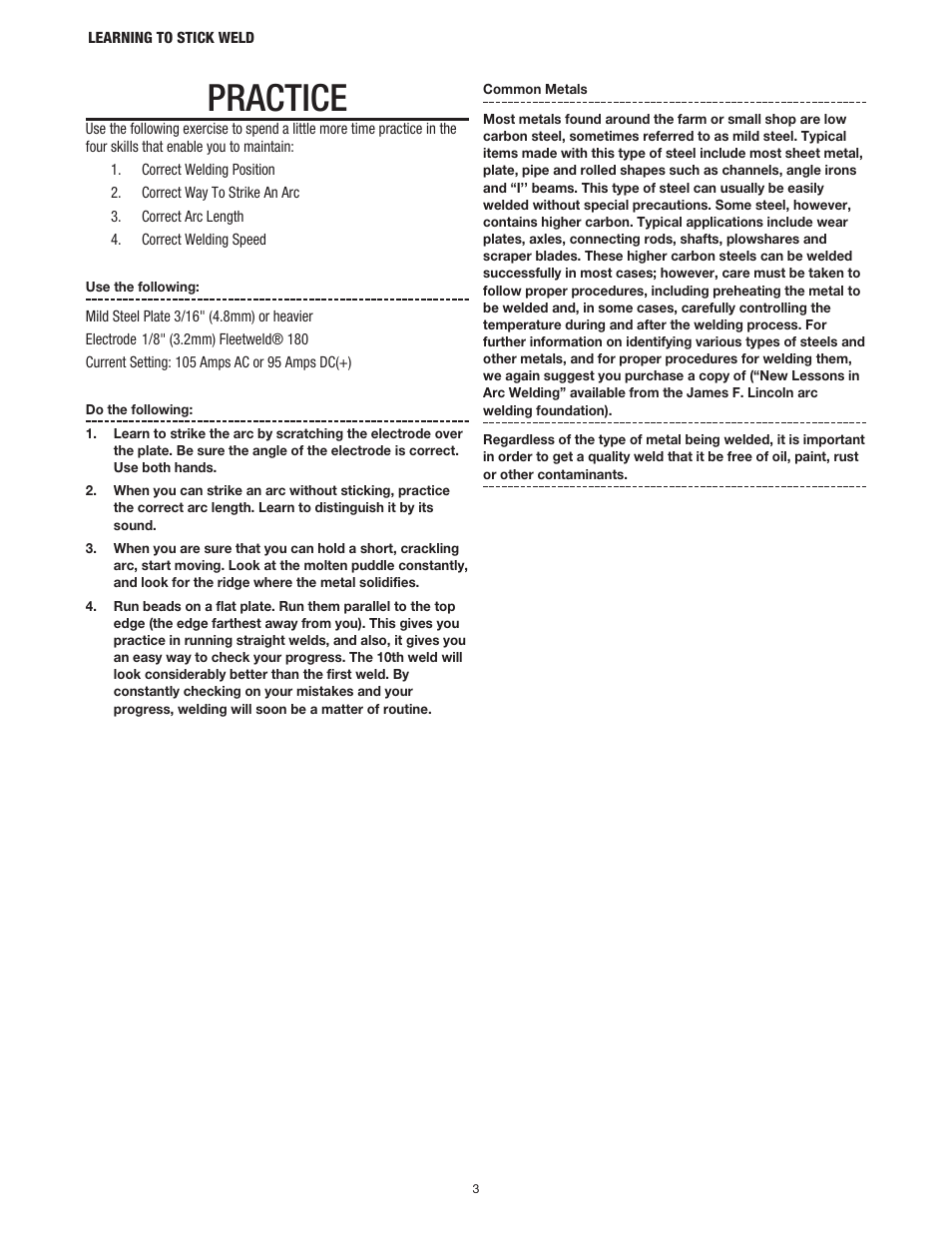 Practice | Lincoln Electric LTW2 LEARNING TO STICK WELD User Manual | Page 6 / 36