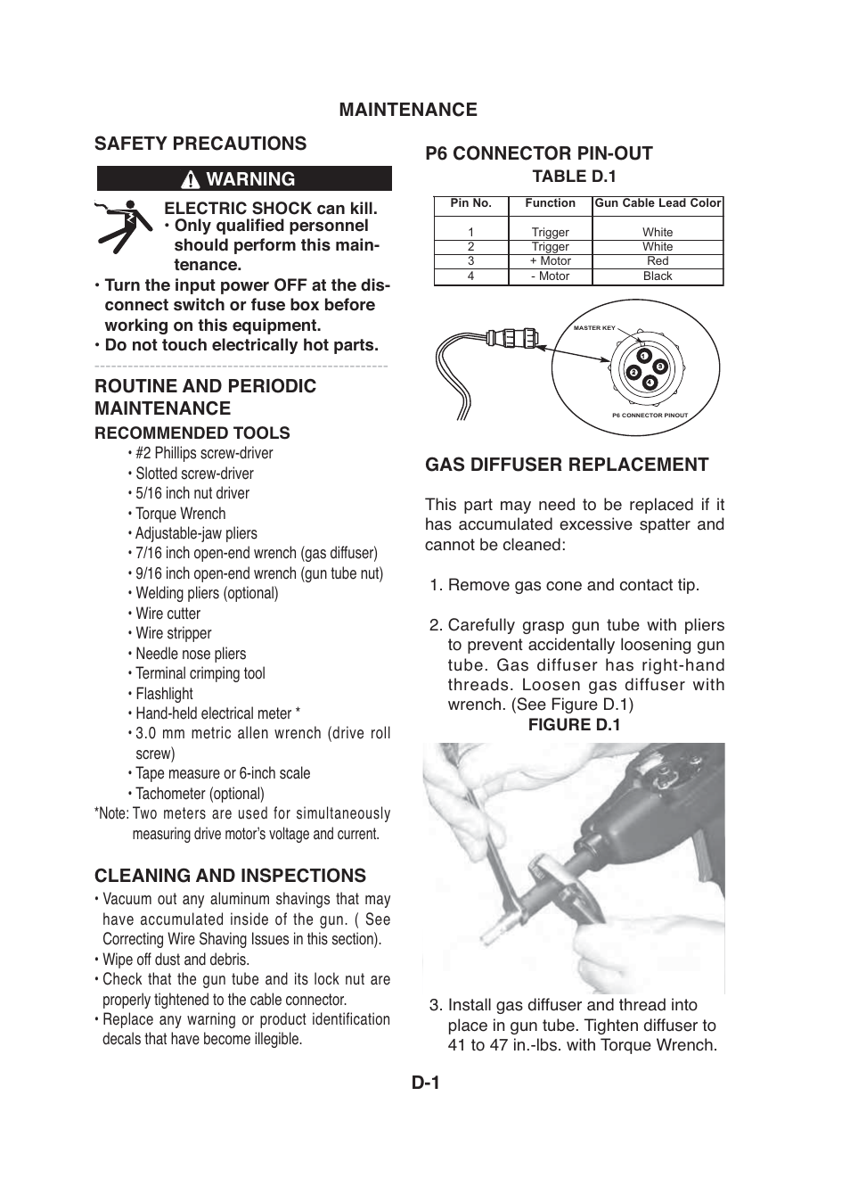 Safety precautions, Routine and periodic maintenance, Cleaning and inspections | Maintenance d-1 warning p6 connector pin-out, Gas diffuser replacement | Lincoln Electric IMt913 MAGNUM 100SG SPOOL GUN User Manual | Page 26 / 118