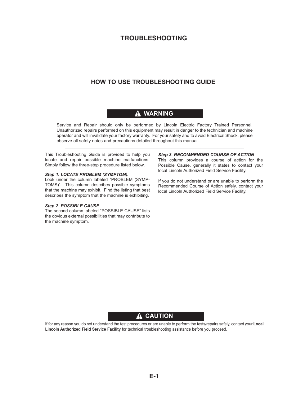 Troubleshooting e-1, Caution, How to use troubleshooting guide | Warning | Lincoln Electric IMt913 MAGNUM 100SG SPOOL GUN User Manual | Page 31 / 118