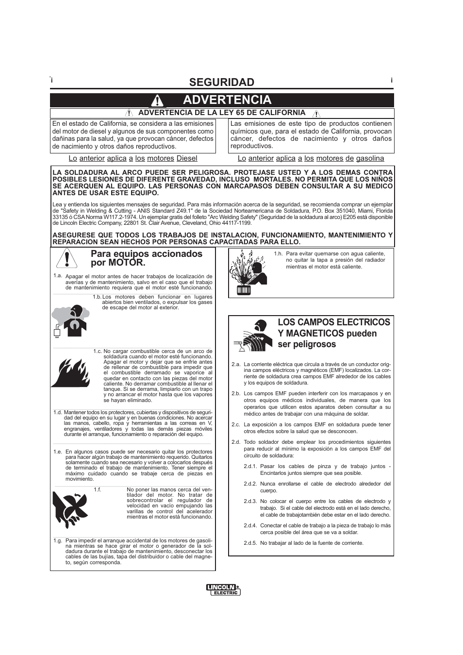 Advertencia, Seguridad, Para equipos accionados por motor | Lincoln Electric IMt913 MAGNUM 100SG SPOOL GUN User Manual | Page 38 / 118